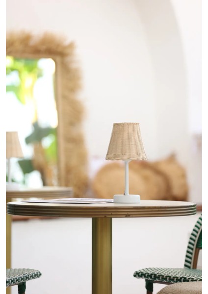Rattan & Bambu Kablosuz Pilli Abajur Masa Lambası - Alt Uzun Beyaz fırsatları