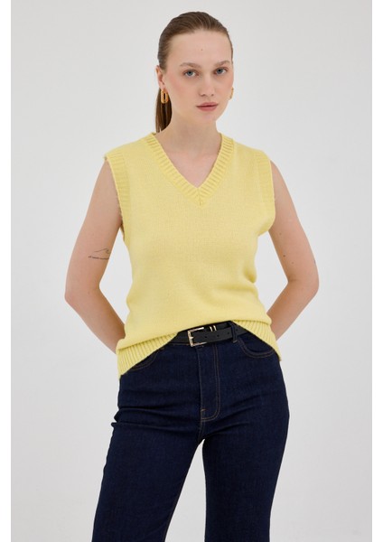 Sarı Oversize V Yaka Kadın Süveter 2292