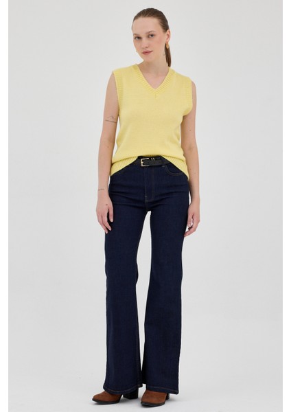 Sarı Oversize V Yaka Kadın Süveter 2292 modelleri