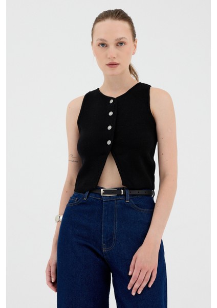 Siyah Düğmeli Triko Kadın Yelek 2275