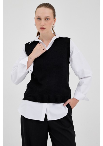 Siyah Oversize V Yaka Kadın Süveter 2292