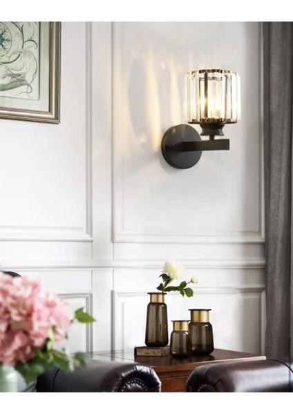 Modern Luxury Pilli Kristal Taşlı LED Duvar Apliği – Mat Siyah Gövde, Tak Çalıştır, Şık Dekoratif Aydınlatma fiyatları