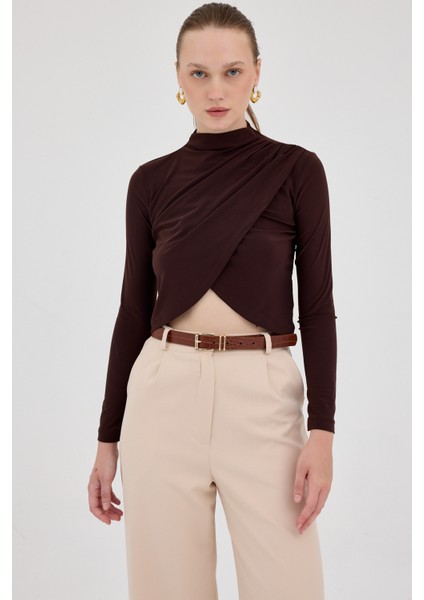 Acı Kahve Drapeli Yüksek Yaka Uzun Kollu Bluz 2379