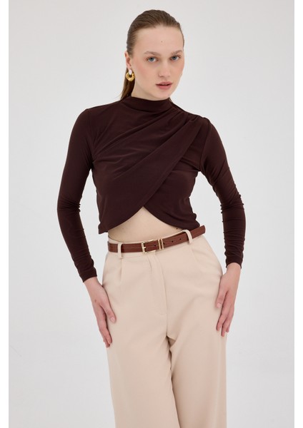 Acı Kahve Drapeli Yüksek Yaka Uzun Kollu Bluz 2379 fiyatları