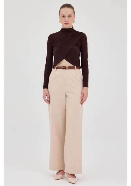 Acı Kahve Drapeli Yüksek Yaka Uzun Kollu Bluz 2379 modelleri