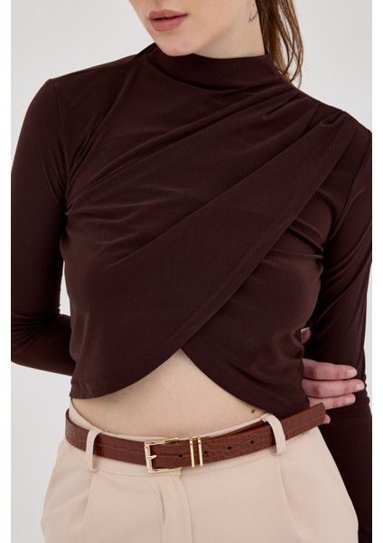 Acı Kahve Drapeli Yüksek Yaka Uzun Kollu Bluz 2379 fırsatları