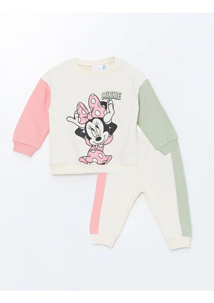 Lcw Baby Ekru Bisiklet Yaka Minnie Mouse Baskılı Kız Bebek Sweatshirt ve Tayt 2'li Takım