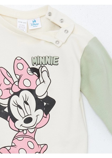 Lcw Baby Ekru Bisiklet Yaka Minnie Mouse Baskılı Kız Bebek Sweatshirt ve Tayt 2'li Takım