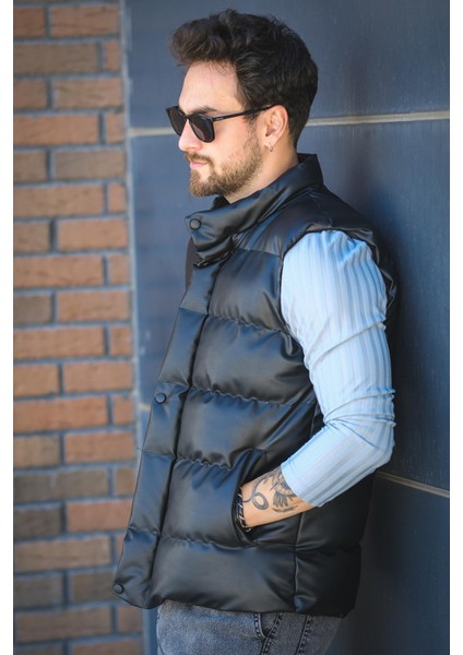 Oxfo Suya Dayanıklı Cepli Dik Yaka Erkek Şişme Deri Yelek modelleri