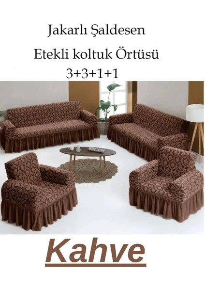 Jakarlı Şal Desen Koltuk, Kanepe, Çekyat Örtüsü, Likralı, Etekli, Koltuk Kılıfı 3+3+1+1 Takım Gri