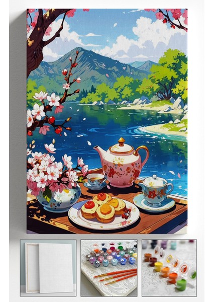 Sayılarla Boyama Çerçeveli Hobi Seti Numaralı Tuval Fırça Boya Dahil Kasnaklı 40X50 cm Kahvaltı