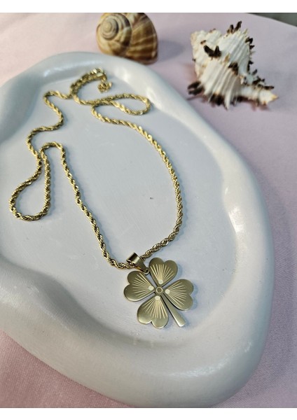 Kalın Zincirli Yonca Uçlu Çelik Kolye 60CM+5CM