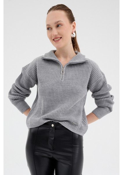 Gri Yarım Fermuarlı Crop Triko Kadın Kazak7135 fiyatları
