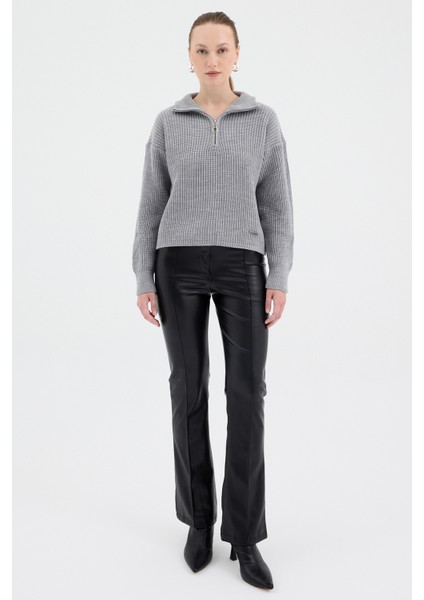 Gri Yarım Fermuarlı Crop Triko Kadın Kazak7135 modelleri