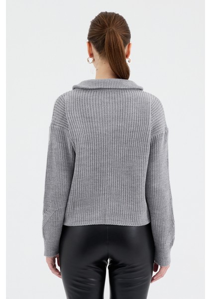 Gri Yarım Fermuarlı Crop Triko Kadın Kazak7135 indirimleri