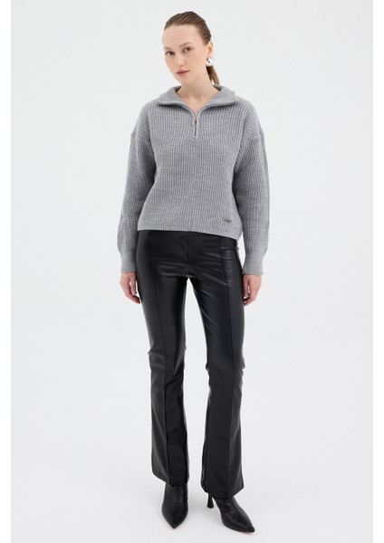 Gri Yarım Fermuarlı Crop Triko Kadın Kazak7135