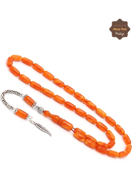 Hareli Turuncu Kapsül Kesim Gümüş Püsküllü Sıkma Kehribar Tesbih 201024519