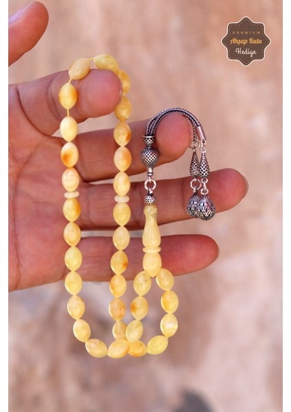 2'li Gümüş Püsküllü Arpa Kesim Orijinal Ukrayna Damla Kehribar Tesbih 201024494