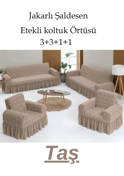 Jakarlı Şal Desen Koltuk, Kanepe, Çekyat Örtüsü, Likralı, Etekli, Koltuk Kılıfı 3+3+1+1 Takım Gri