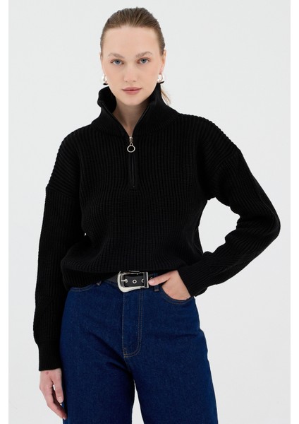 Siyah Yarım Fermuarlı Crop Triko Kadın Kazak7135