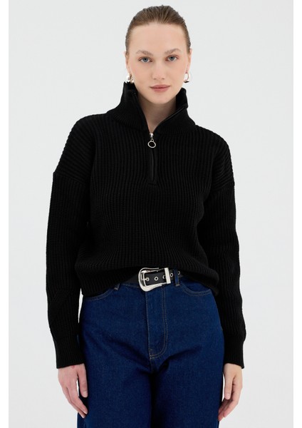 Siyah Yarım Fermuarlı Crop Triko Kadın Kazak7135 fiyatları