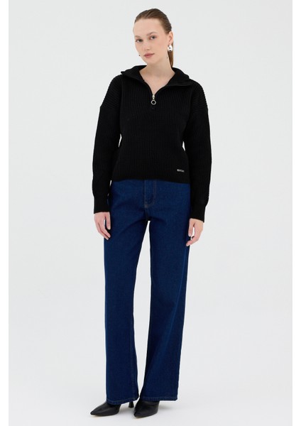 Siyah Yarım Fermuarlı Crop Triko Kadın Kazak7135 modelleri