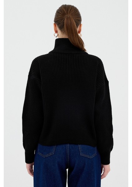 Siyah Yarım Fermuarlı Crop Triko Kadın Kazak7135 indirimleri