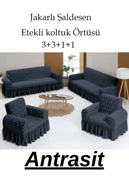Jakarlı Şal Desen Koltuk, Kanepe, Çekyat Örtüsü, Likralı, Etekli, Koltuk Kılıfı 3+3+1+1 Takım Gri