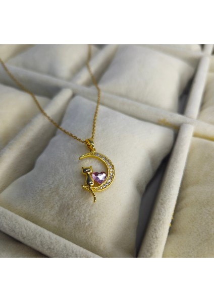 Kedi ve Ay Çharmlı Gold Çelik Kolye