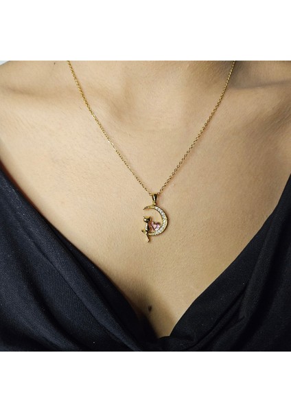 Kedi ve Ay Çharmlı Gold Çelik Kolye fiyatları