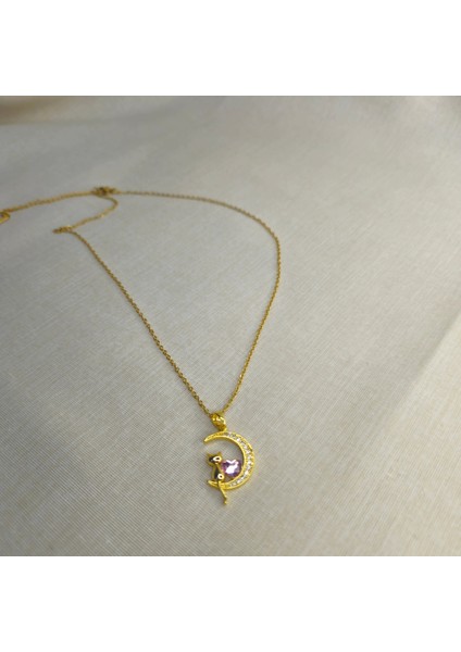 Kedi ve Ay Çharmlı Gold Çelik Kolye modelleri