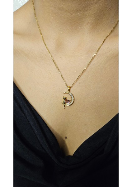 Kedi ve Ay Çharmlı Gold Çelik Kolye fırsatları