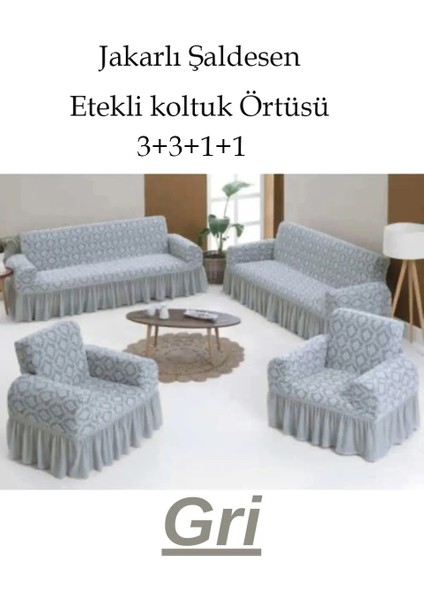 Jakarlı Şal Desen Koltuk, Kanepe, Çekyat Örtüsü, Likralı, Etekli, Koltuk Kılıfı 3+3+1+1 Takım Gri