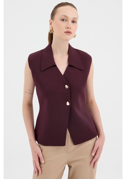 Bordo Yaka Detaylı Düğmeli Triko Kadın Yelek 7355