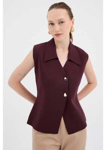 Bordo Yaka Detaylı Düğmeli Triko Kadın Yelek 7355 fiyatları