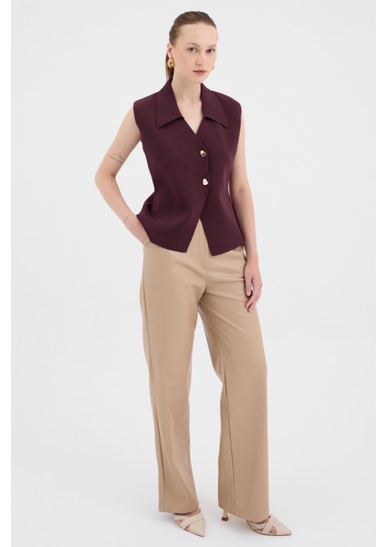 Bordo Yaka Detaylı Düğmeli Triko Kadın Yelek 7355 modelleri