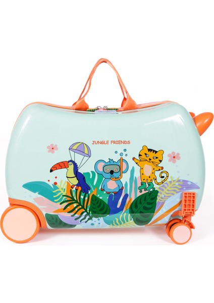Jungle Friends Binilebilir Çocuk Valizi, 360° Tekerlekli, Ayak Destekli