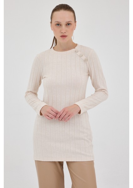 Bej Düğme Detaylı Çizgili Triko Tunik 8132A