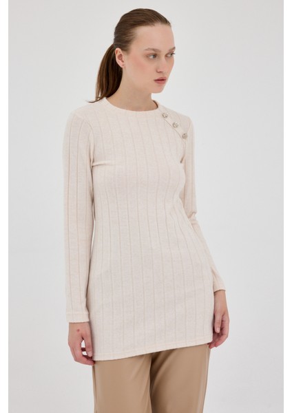 Bej Düğme Detaylı Çizgili Triko Tunik 8132A fiyatları