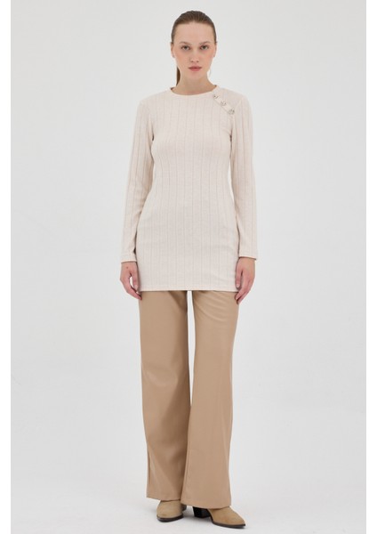 Bej Düğme Detaylı Çizgili Triko Tunik 8132A modelleri
