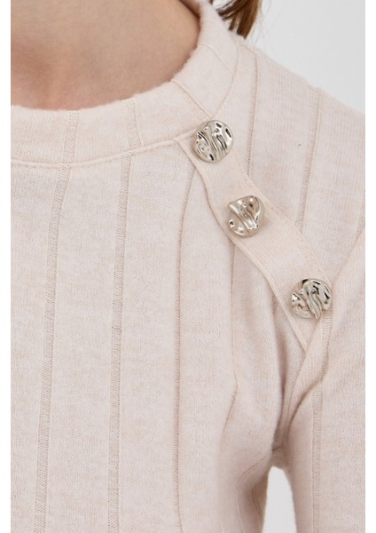 Bej Düğme Detaylı Çizgili Triko Tunik 8132A fırsatları