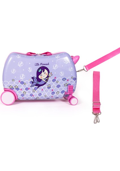 Küçük Deniz Kızı Binilebilir Çocuk Valizi, 360° Tekerlekli, Ayak Destekli