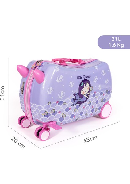 Küçük Deniz Kızı Binilebilir Çocuk Valizi, 360° Tekerlekli, Ayak Destekli