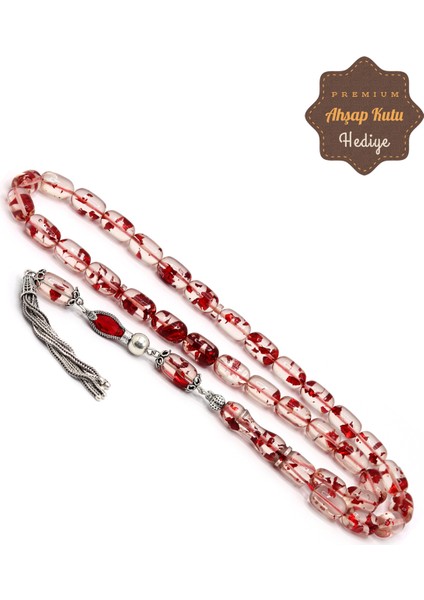 Kırmızı Parçacıklı Gümüş Püsküllü Ateş Kehribar Tesbih 201024499