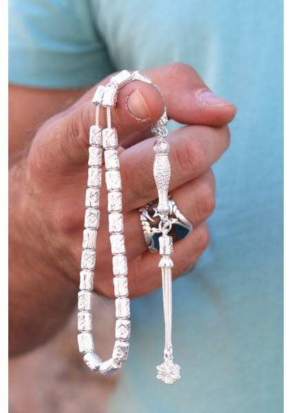 Kalem Işçilikli Desenli Kapsül Kesim 925 Ayar Gümüş Telkari Tesbih 201024514