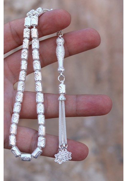 Kalem Işçilikli Desenli Kapsül Kesim 925 Ayar Gümüş Telkari Tesbih 201024514 modelleri