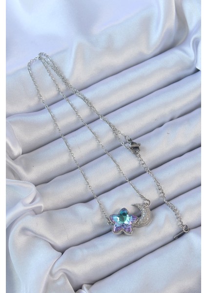 316L Çelik Zincir Gümüş Renk Ay Tasarımlı Renkli Zirkon Taşlı Çiçek Kolye fiyatları