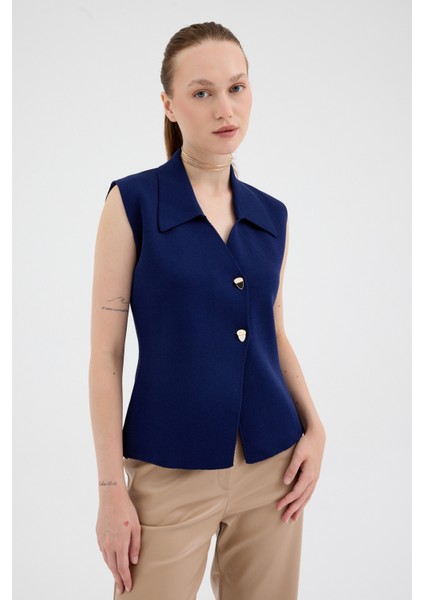 Laci Yaka Detaylı Düğmeli Triko Kadın Yelek 7355