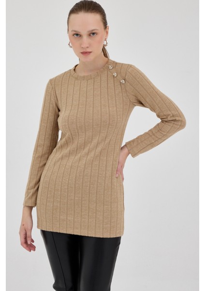 Vizon Düğme Detaylı Çizgili Triko Tunik 8132A