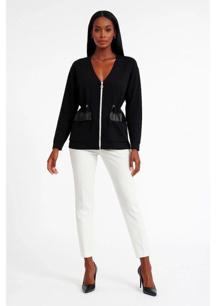 Tanya Deri Cep Detaylı Örme Ceket